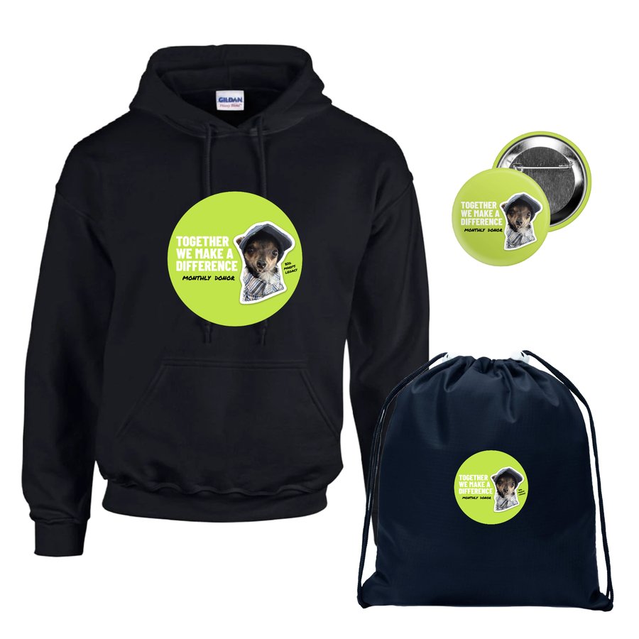 Big Marv hoodie, drawstring backpack and pin button